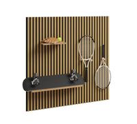 SoBuy Panneau Acoustique Décoratif, Lambris Bois, Rangement Sportif FHK40-N | Panneau Mural Décoratif, Charge 27kg, 3 Crochets, 2 Étagères, Isolation Phonique,120 × 19,5 × 120 cm