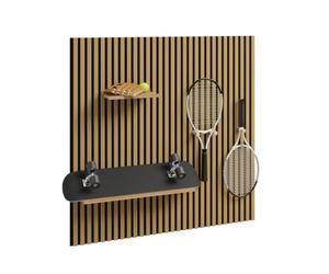 SoBuy Panneau Acoustique Décoratif, Lambris Bois, Rangement Sportif FHK40-N | Panneau Mural Décoratif, Charge 27kg, 3 Crochets, 2 Étagères, Isolation Phonique,120 × 19,5 × 120 cm