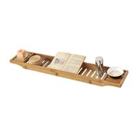 SoBuy Plateau de Baignoire en Bambou 80 x 15 cm pour Grandes Baignoires | Pont de Baignoire en Bois - Extra Long & Vernis, Support Verre de Vin & Emplacement Bougie FRG212-N