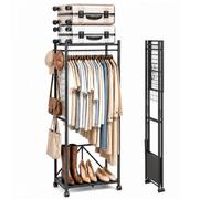 SoBuy Portant à vêtements étroit, 32,5cm, pliable pour petits logements | Armoire ouverte sur roulettes avec barre, étagère & crochets pour locataires, montage sans outils, 60,5x32,5x175cm, KLS21-SCH