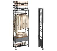 SoBuy Portant à vêtements étroit avec tiroir, pliable pour petits logements | Armoire ouverte sur roulettes avec barre, étagère & crochets pour locataires, montage sans outils, 60,5x32,5x175cm, KLS23-SCH