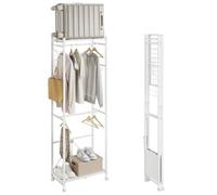 SoBuy Portant à vêtements Roulettes pliable étroit, 60,5x32,5x175 cm | Avec rangement pour chaussures, crochets & porte-bagages pour chambre, couloir, buanderie, montage sans outil, Blanc KLS21-W