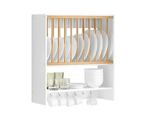 SoBuy Porte-Assiettes Murale, 11 assiettes, 7 crochets, blanc, 64x71x24cm | Meuble de Rangement d'Assiettes Mural avec étagère, séchage & gain de place, charge 10 kg, MDF/bois, cuisine & repas, KCR09-W