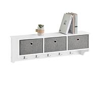 SoBuy Porte manteau mural avec 5 crochets 100x20x30cm pour entrée | Meuble entrée avec 3 paniers en toile de lin, MDF FSC, rangement optimisé, charge 15kg, blanc FRG282-W