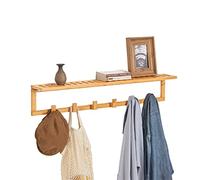 SoBuy Porte-manteau mural en bambou 90x12,5x16,5cm pour entrée | Étagère porte-serviette avec 6 crochets, bambou naturel, charge 9kg, gain de place FHK06-N