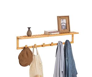 SoBuy Porte-manteau mural en bambou 90x12,5x16,5cm pour entrée | Étagère porte-serviette avec 6 crochets, bambou naturel, charge 9kg, gain de place FHK06-N