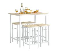SoBuy Set de 1 Table + 4 Tabourets, Ensemble Table de Bar Bistrot + 4 Tabourets avec Repose-Pieds, Table Haute, Mange-Debout pour Salle à Manger, Cuisine, Salon, Balcon, Blanc+Naturel, OGT11-WN