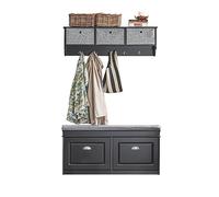 SoBuy Set de Banc de Rangement avec Coussin Rembourré, 2 abattants + Meuble d'Entrée Portemanteau Mural 3 Tiroirs, Noir, FSR64-SCH + FRG282-SCH