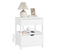 SoBuy Table de Chevet avec Chargement 4-en-1 et Rangement, Table de Nuit avec Tiroirs pour Chambre et Salon, pour Adolescents et Adultes, Blanc, 45x38x55,5 cm, FRG258-II-E-W