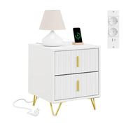SoBuy Table de Chevet avec Station de Charge et 2 tiroirs, 40x40x47 cm | Table de nuit Table d'Appoint avec 2 prises, USB et Type-C, blanc, pour chambre ou salon, FBT115-E-W