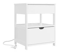 SoBuy | Table de chevet blanche avec 2 tiroirs | Meuble de rangement avec prise intégrée | Petit meuble avec tiroirs en panneaux de fibres | 45×38×55 cm | Capacité de charge 30 kg | FRG258-II-E-W Blan