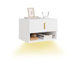 SoBuy Table de Chevet Suspendue avec Lampe LED à détecteur, 40x30x26cm | Tiroir interchangeable haut/bas, Etagere murale avec façade ondulée de tiroir et poignée dorée, PB+MDF, FBT176-E-W