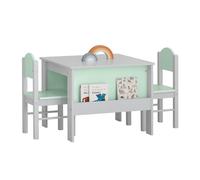 SoBuy Table Enfant avec 2 Chaises Enfants, Ensemble Table et 2 Chaises pour Enfants, Bureau Enfant avec 2 étagères à Livres latérales, Gris Clair et Vert Clair, KMB88-HG
