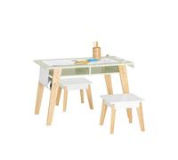 SoBuy Table Enfant avec 2 Tabourets Charge Max. 28kg 80x44x48cm | table dessin avec porte-rouleau et 2 compartiments, MDF et pin, KMB92-GR