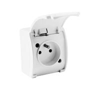 Socle de prise de courant - Pour pièce humide - DV 5850 - Avec couvercle à rabat - Type français E 161-01 - 2 pôles plus terre - Blanche.
