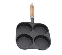 Socobeta Poêle à œufs en Fonte 4 Tasses, Poêle à Crêpes au Steak, avec Manche en Bois, pour Crêpes du Petit Déjeuner, Omelettes, Hamburgers,