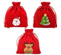 SOESFOUFU Sachets Présents de Noël pour Emballage de Bonbons et Biscuits Lot de 3 à Cordon en Tissu Floqué Rouge Plusieurs styles pour Fêtes et Occasions Festives Plusieurs styles