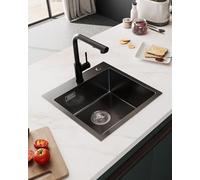 Sofetiy Evier Cuisine 1 Bac 45x45cm, Evier Cuisine Noir avec Siphon et Trop-plein, Inox sous Plan, Petit Lavabo Cuisine Cuve Simple pour Meubles Bas de 45 cm
