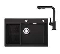 Sofetiy Évier de cuisine en granit, noir, 70x45 cm avec ensemble de robinet et douchette extractible, évier de cuisine rectangulaire pour meuble de 70 cm, évier de cuisine avec garniture de vidange