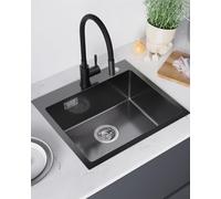 Sofetiy Évier de Cuisine Noir, 50 x 45 cm Évier en Acier Inoxydable, Moderne Encastrable Rectangulaire avec Trou pour Robinet et Siphon