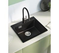 Sofetiy Évier de Cuisine Noir Granit 50x45cm, Évier de Cuisine, Évier Noir, Lavabo de Cuisine Rectangulaire, Évier en Granit, Ensemble Moderne d’Évier Encastré, Évier avec 2 Trous pour Robinet, 1 Bac