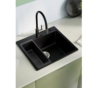 Sofetiy Évier de Cuisine Noir Granit 50x45cm, Évier Encastrable Moderne Rectangulaire, Ensemble avec 2 Trous de Robinet, Lavabo Cuisine Noir, Évier en Granit pour Cuisine ou Buanderie
