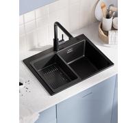 Sofetiy Évier de Cuisine Noir Granit 60x45cm, Évier Noir, Lavabo de Cuisine, Grande Évier de Cuisine en Granit, Évier de Cuisine Moderne Rectangulaire, Évier Simple avec 2 Trous de Robinet, Évier de