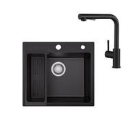 Sofetiy Évier en granit noir 50x45 cm avec robinet de cuisine extensible, évier de cuisine d’angle encastrable avec garniture de vidage, mitigeur noir en acier inoxydable, évier de cuisine