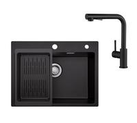 Sofetiy Évier Noir Granit 60×45 cm avec Robinet de Cuisine Noir Extensible 2 Types de Jet, Évier Encastrable Granit Lavabo Rectangulaire, Évier de Cuisine avec Robinet, Ensemble Complet