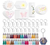 SOFPLATE 300 porte Clés en Acrylique Vierge en Vrac Porte Clés Vierge Rond Rectangulaire Transparent en Forme de Cœur avec Pendentif à Pompon Porte Clés à Anneau Ouvert Kit de Fabrication de Porte Clé
