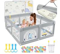 SOFTHOM Parc Bébé 120x120 avec Tapis, Parc Bebe Jusqu'à 40 KG, 300D Tissu Oxford/Ventouse Base/360° Filet Respirant, Sûr Centre d'Activités pour Enfants, 60Boules Océaniques/4 Poignées, Dinosaure gris