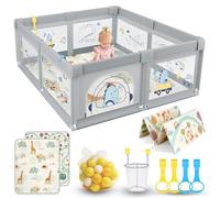SOFTHOM Parc Bébé 180x200 avec Tapis, Jusqu'à 40 KG, Parc Bebe 360° Filet Respirant/210D Tissu Oxford/Ventouse Base, Sûr Centre d'Activités pour Enfants, 60Boules Océaniques/4Poignées, Dinosaure gris