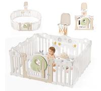 SOFTHOM Parc Bebe Modulable 150x150cm, Parc Bebe Pliable avce Panier de Basket, Grand Parc Bébé avce Porte Intérieur/Extérieur, Réglable Taille&Forme, Facile Assembler, Sûr Centre d'activités Enfant