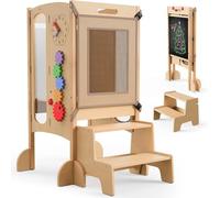 SOFTHOM Pliable Tour d'apprentissage, 5 en 1 Tour d'apprentissage pour Enfants, Montessori Tour d Observation en Bois,Réglable en Hauteur, avec Tableau Noir, Jouets magnétiques, Pré-assemblé