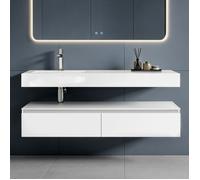 Sogood Meuble de Salle de Bain Blanc Mat Ensemble de 2 Pièces Meuble avec Lavabo 150cm UP avec 2 Grands Tiroirs