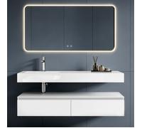 doporro Meuble de Salle de Bain Suspendu 150cm Ensemble de 3 Pièces | Blanc Mat, avec Lavabo en Solid Surface et Miroir, avec 2 Grands Tiroirs, Design Up