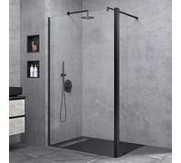 doporro Paroi de Douche à L'italienne Transparent Pare-Douche Verre de Sécurité 10mm Bremen2K 140x200cm + Partie Latérale 30cm Profilé Noir Stabilisateur Rond