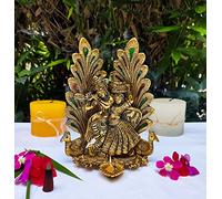 Soins merveilleux | Statue de paon Radha Krishn sculptée en finition ivoire antique | Décoration d'intérieur | Mandir | Cadeau | Idole du dieu hindou (Peacock Radha Krishn)