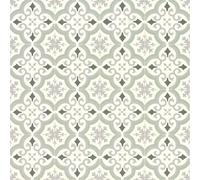 Sol Vinyle Textile économique - Effet Carreaux de Ciment arabesques - Vert et Gris - Rouleau de 2m x 4m