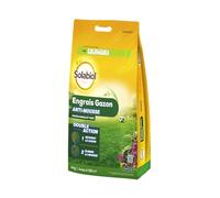 SOLABIOL Engrais Gazon - Double Action - Jusqu'à 350m² - Sac 14Kg | Reverdit le Gazon & Élimine la Mousse - Formulation En Granulés - Limite La Poussière & Facilite L'Application - SOGAZMOU350
