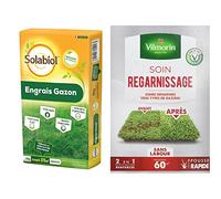 SOLABIOL Engrais gazon organique - Sac de 15 kg pour 375 m² de gazon & VILMORIN - Soin Regarnissage Universel 2 en 1 - Semences de gazon + Fortifiant naturel - Rénovation facile des gazons abîmés-1 Kg