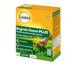 SOLABIOL Engrais Gazon Plus - Granulés - Jusqu'à 62m² - 2,5Kg | Nutrition Longue Durée - Gazon Dense & Vert - Action Rapide - Utilisable en Agriculture Biologique - SOGAZPLUS25