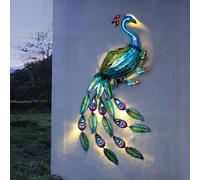 Applique murale extérieure Lampe solaire éclairage jardin, motif paon, capteur crépusculaire, fer, bleu, vert, rouge, LED, HxLxP 92x63x6 cm