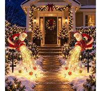 Solar Santa Garden Stake Light, Cascading Christmas Yard Decor | Warm LED gift, candy cane and star accents for lawns, paths, gardens and festive outdoor displays(2pack)