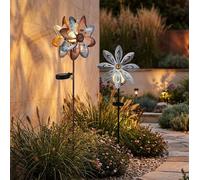 Lampe solaire Roue à vent Lampe solaire Piquet de terre Décoration de jardin Fiche de jardin solaire or argent, métal, LED blanc chaud, set de 2 pièces