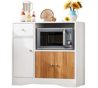 Solerconm Meuble Micro-Ondes avec Tiroir de Rangement, Design Moderne Blanc et Bois Naturel, Buffet de Cuisine Multifonction avec Plan de Travail Imperméable (Blanc)