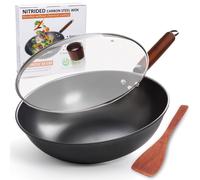 Solidchoice - Wok en acier au carbone avec couvercle, 33 cm, idéal pour la cuisine sautée