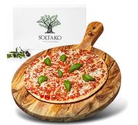 SOLTAKO Plat Pizza en bois d'Olivier - Planche Pizza avec Manche - Plateau bois d'Olivier Mediterranean - Assiettes Plates en bois - Planche à Découper Épaisse - Plateau Fromage Ø 32 cm