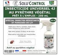 Solu’Control Insecticide Universel 4J au Pyrèthre Végétal - Prêt à l’Emploi 250 mL - Spécial Punaises de Lit & Insectes Résistants - Sans PBO - Fabriqué en France