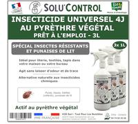 Solu’Control Insecticide Universel 4J au Pyrèthre Végétal - Prêt à l’Emploi 3L (3x1L) - Spécial Punaises de Lit & Insectes Résistants - Sans PBO - Fabriqué en France